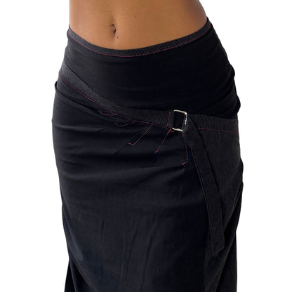 Vintage French black asymmetric wrap-style midi skirt with contrast stitching (XS/S)