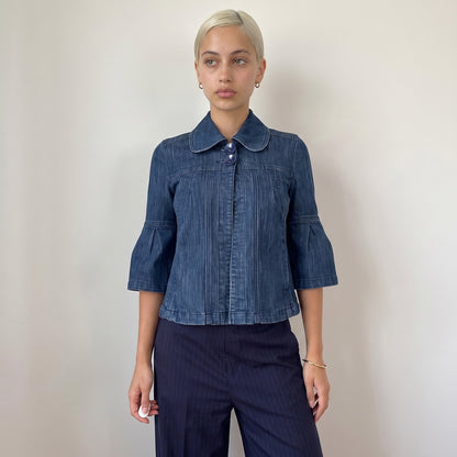 Vintage Blue Denim Cropped Jacket Bell Sleeve Cotton Y2K (S)