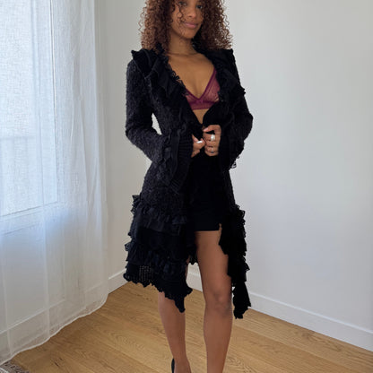 Vintage Euro black ruffled knit maxi cardigan dress with button front (M)