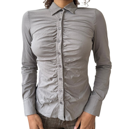 Vintage French grey ruched button-up shirt (XS/S)