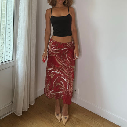 Vintage Red Abstract Print Mesh Midi Skirt (S/M)
