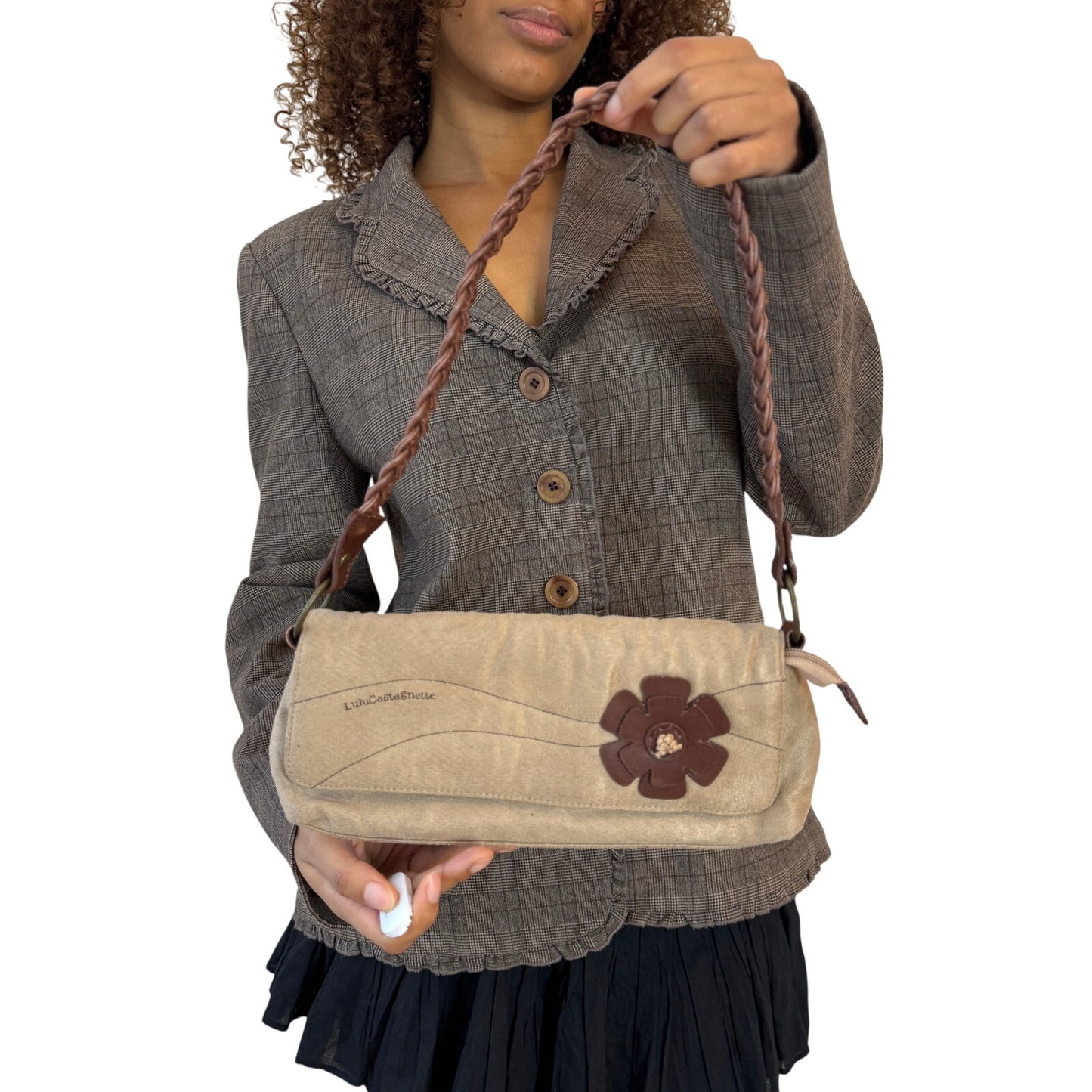 Vintage Lulu Castagnette Beige Faux Suede Shoulder Bag with Braided Strap