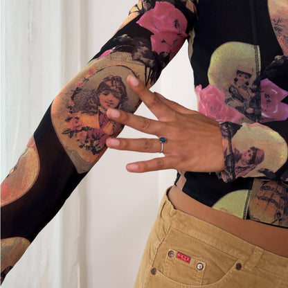 Mariella Burani Italian vintage Y2K black portrait print mesh top with Victorian medallions, pink roses & structured bust cups