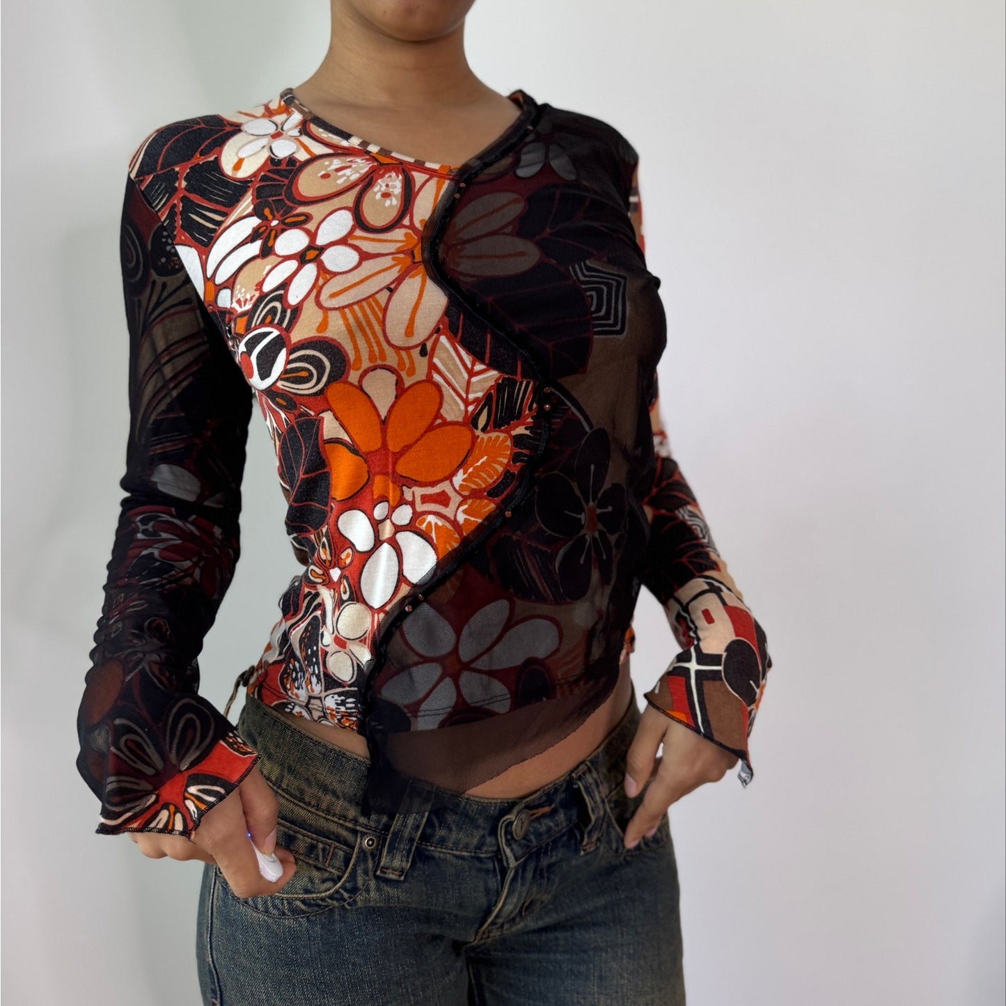 Vintage Brown Orange Abstract Slinky & Mesh Top (S/M) ⠀