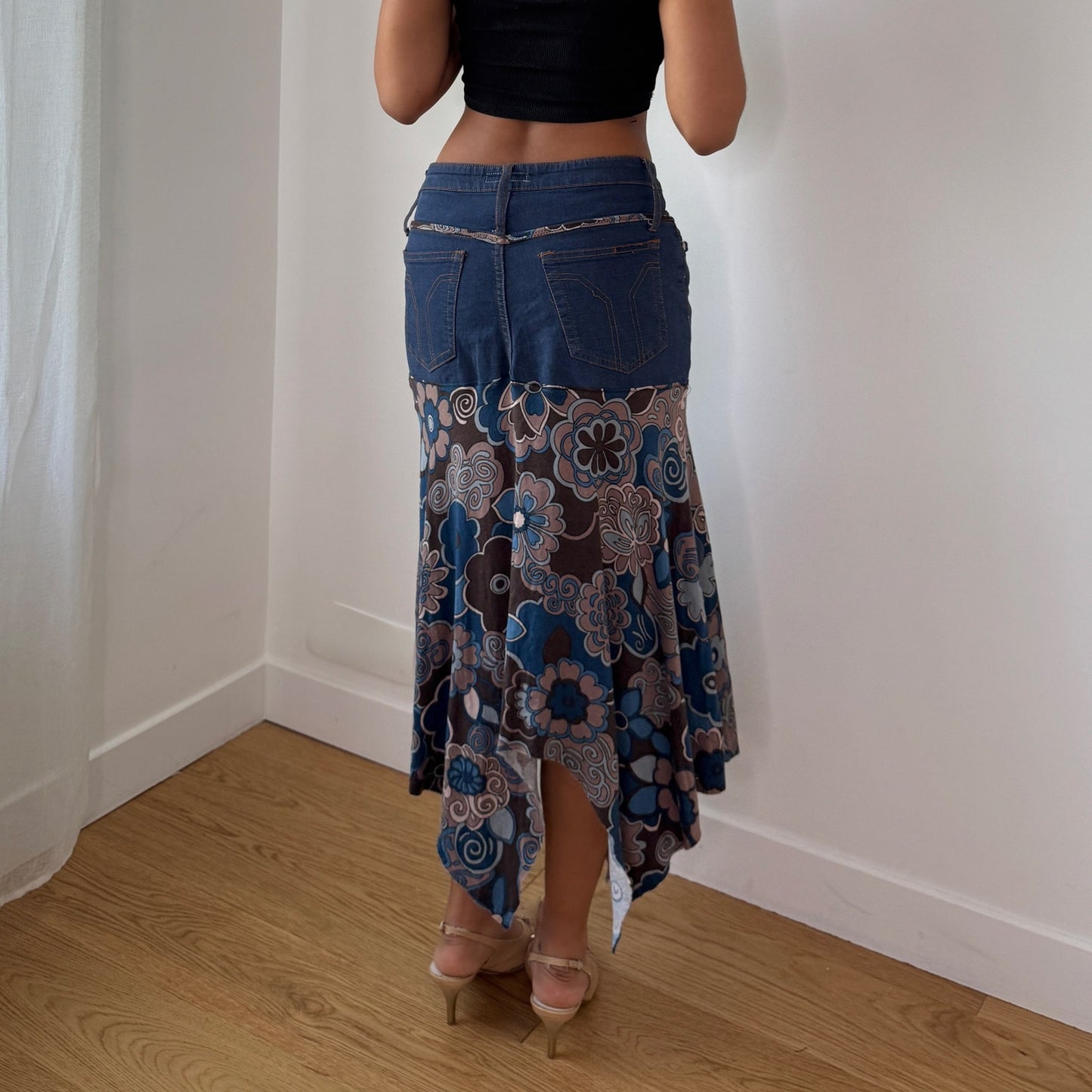 Vintage Denim Waistband Floral Mesh Midi Skirt Saxx Jeans Y2K (S)