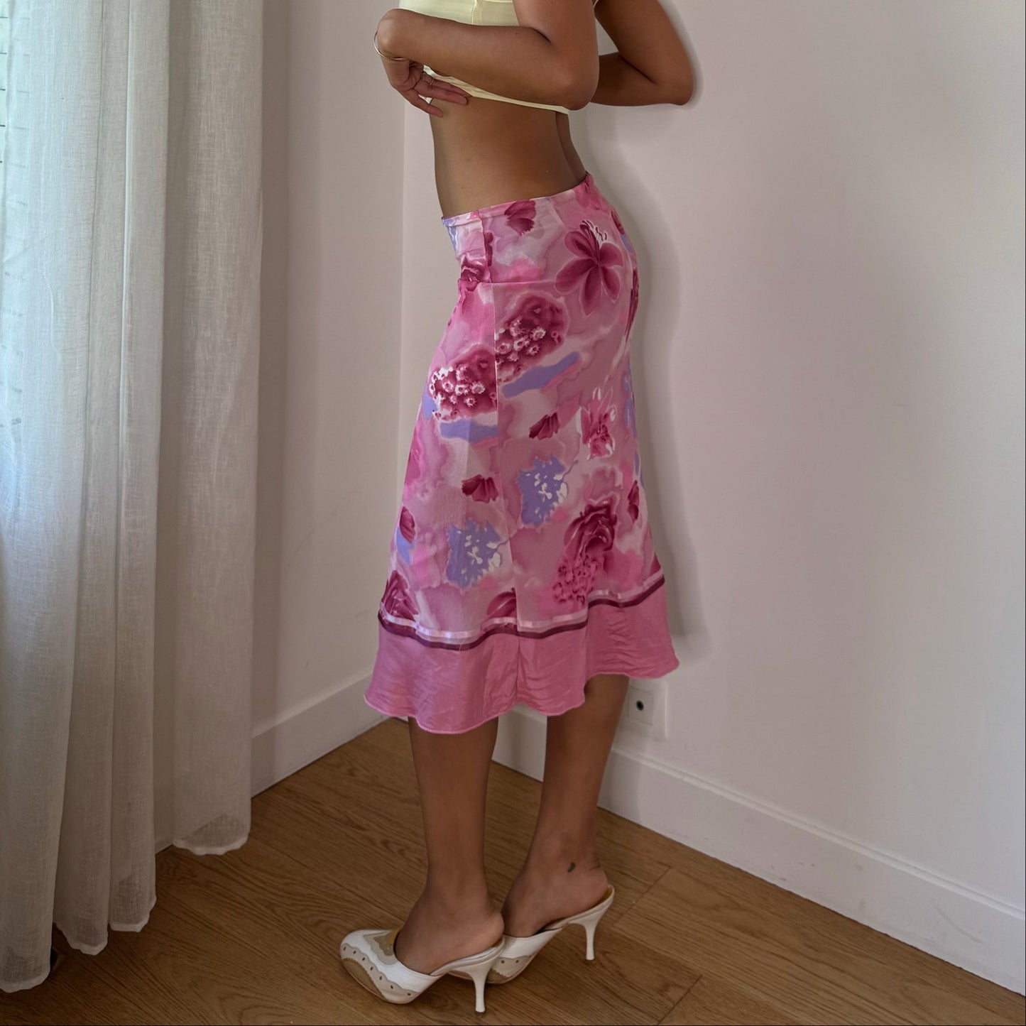 Vintage Pink Purple Floral Satin Midi Skirt Italian Y2K (S)