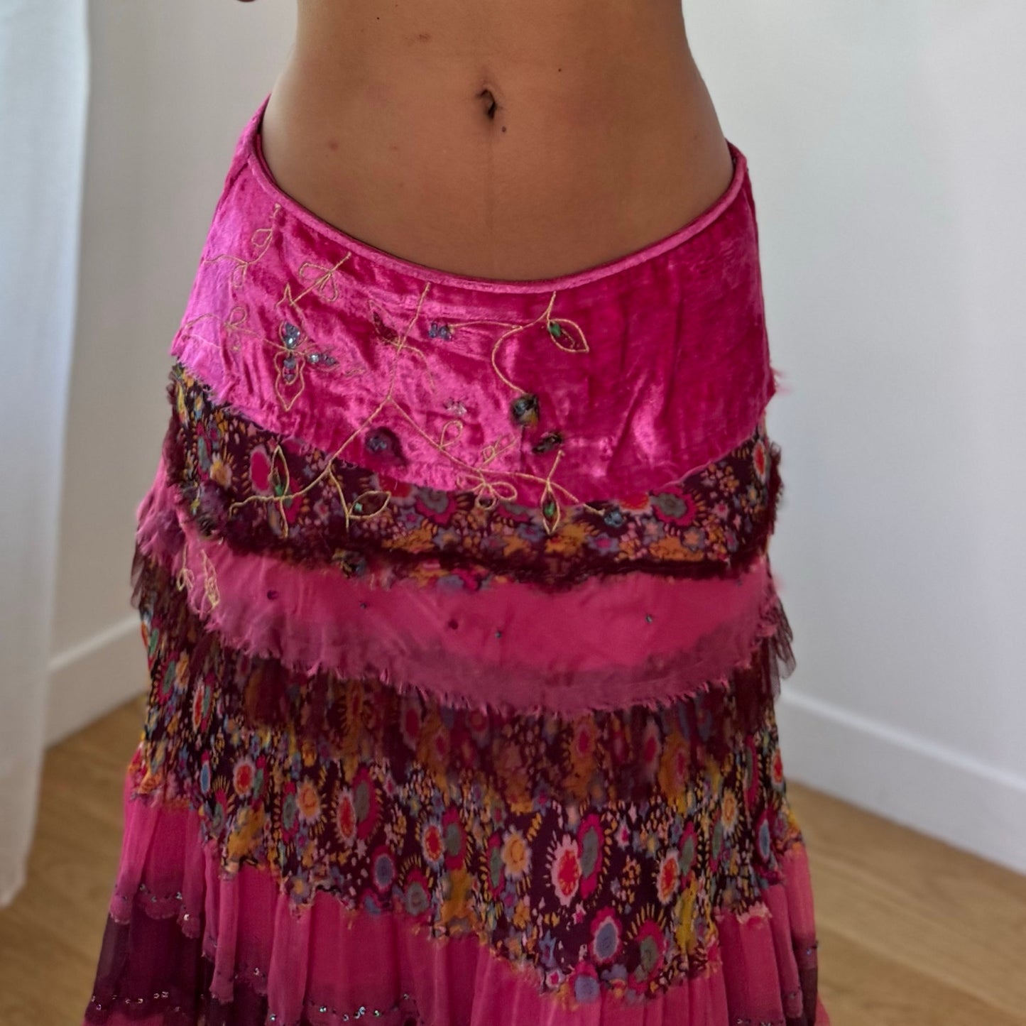 Vintage Extyn Pink Patchwork Mesh Midi Skirt Embroidered Ruffle Italian Y2K (S)