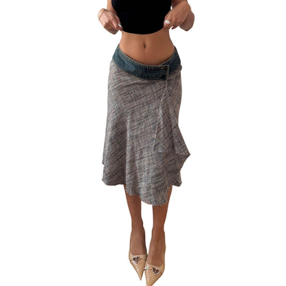 Vintage Tan Tweed Denim Waistband Midi Skirt Y2K French Wool Silk (S)