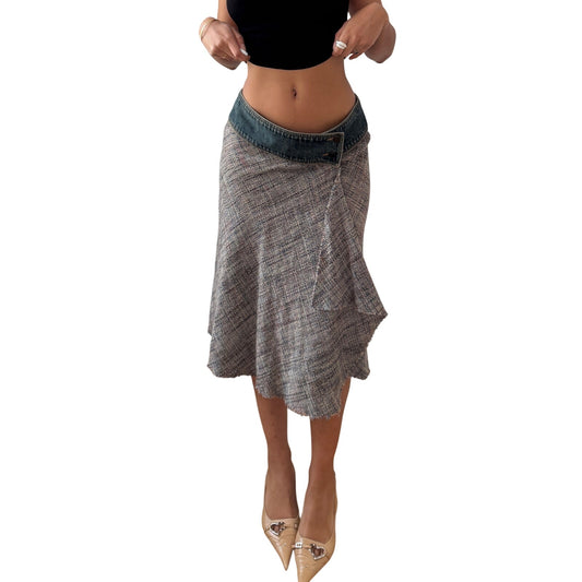 Vintage Tan Tweed Denim Waistband Midi Skirt Y2K French Wool Silk (S)