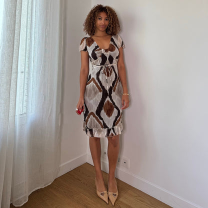 Vintage Brown Beige Abstract Mesh Midi Dress Ruched  Waist Italian Y2K (S)