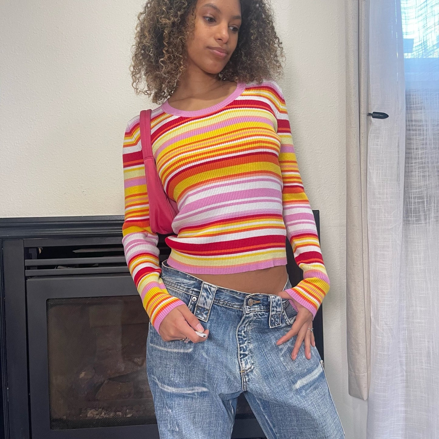 Sourced in Italy - Vintage 00s pink & orange knit striped long sleeves tee (S-M)