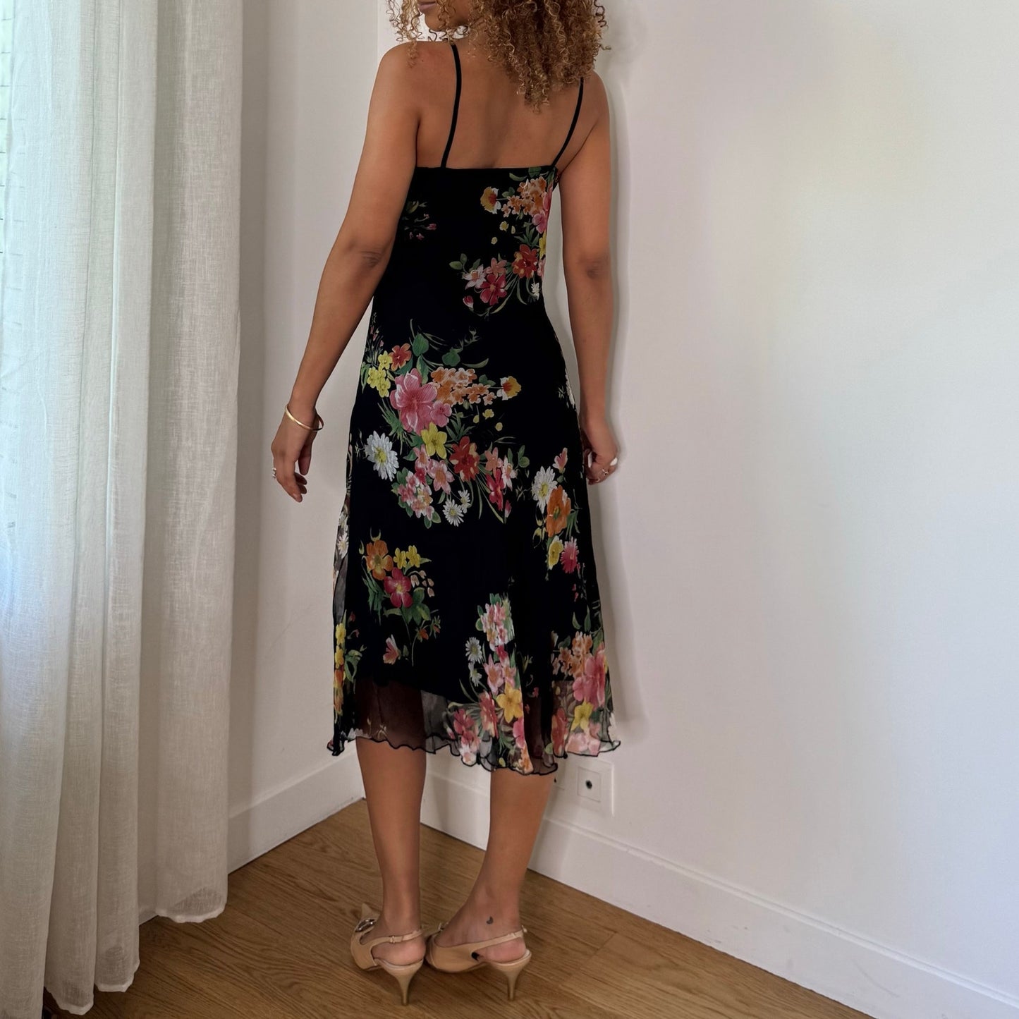 Vintage Black Pink Green Floral Silk Mesh Midi Dress Italian Y2K (S/M)