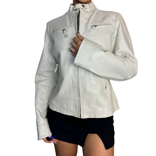 Vintage 90s Fitted White Leather Moto Jacket (S/M)