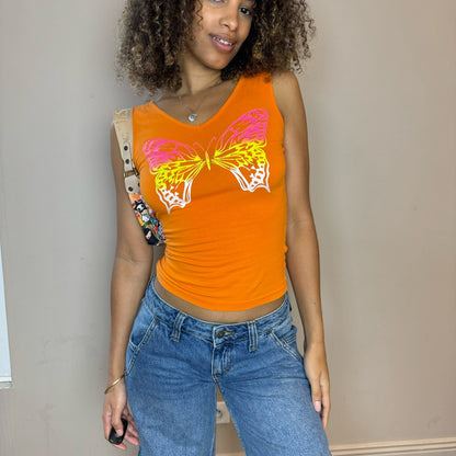 Vintage 00s Orange butterfly graphic baby tank (XS/S)