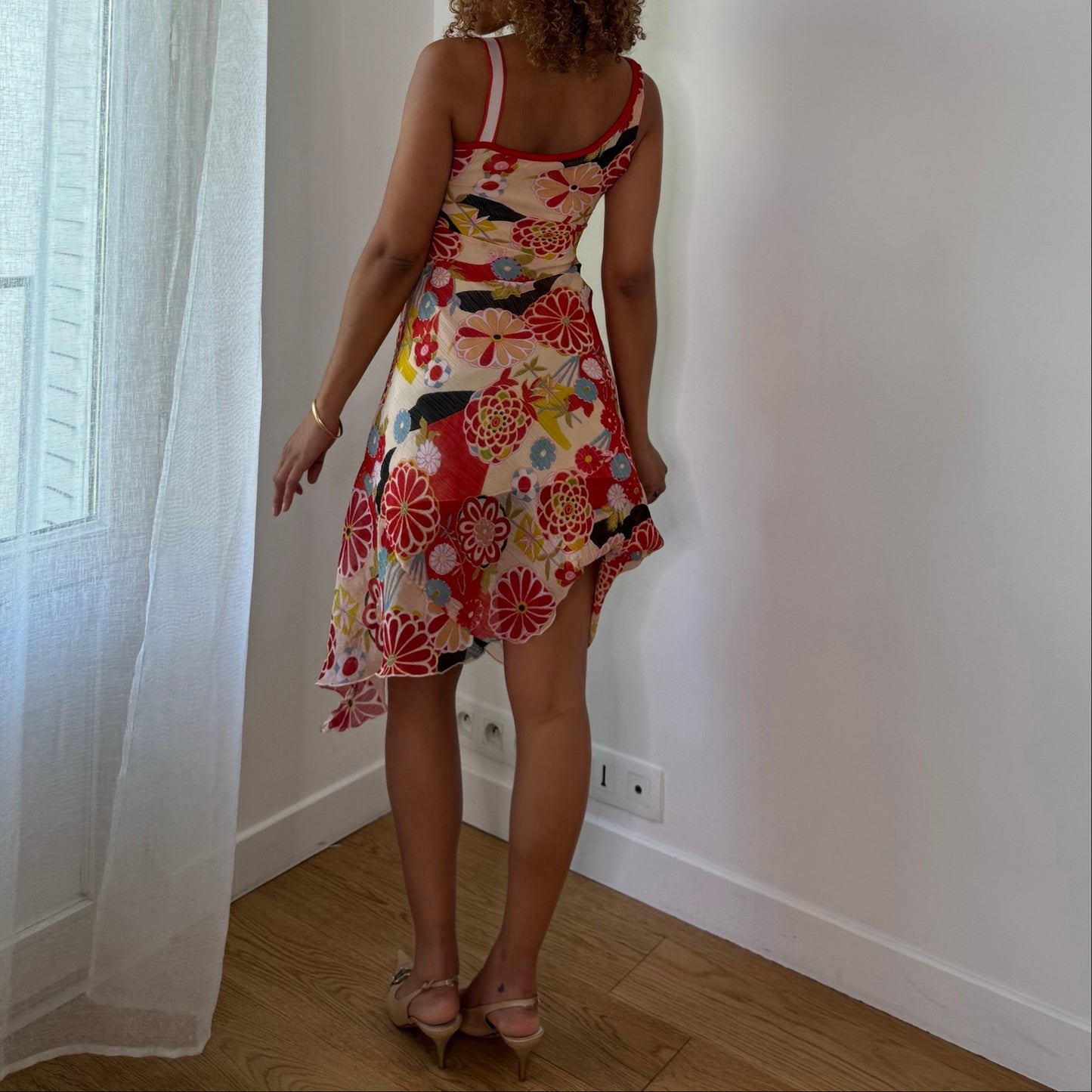 Vintage Red Floral Mesh Midi Dress Asymmetrical Draped Euro Y2K (XS/S)