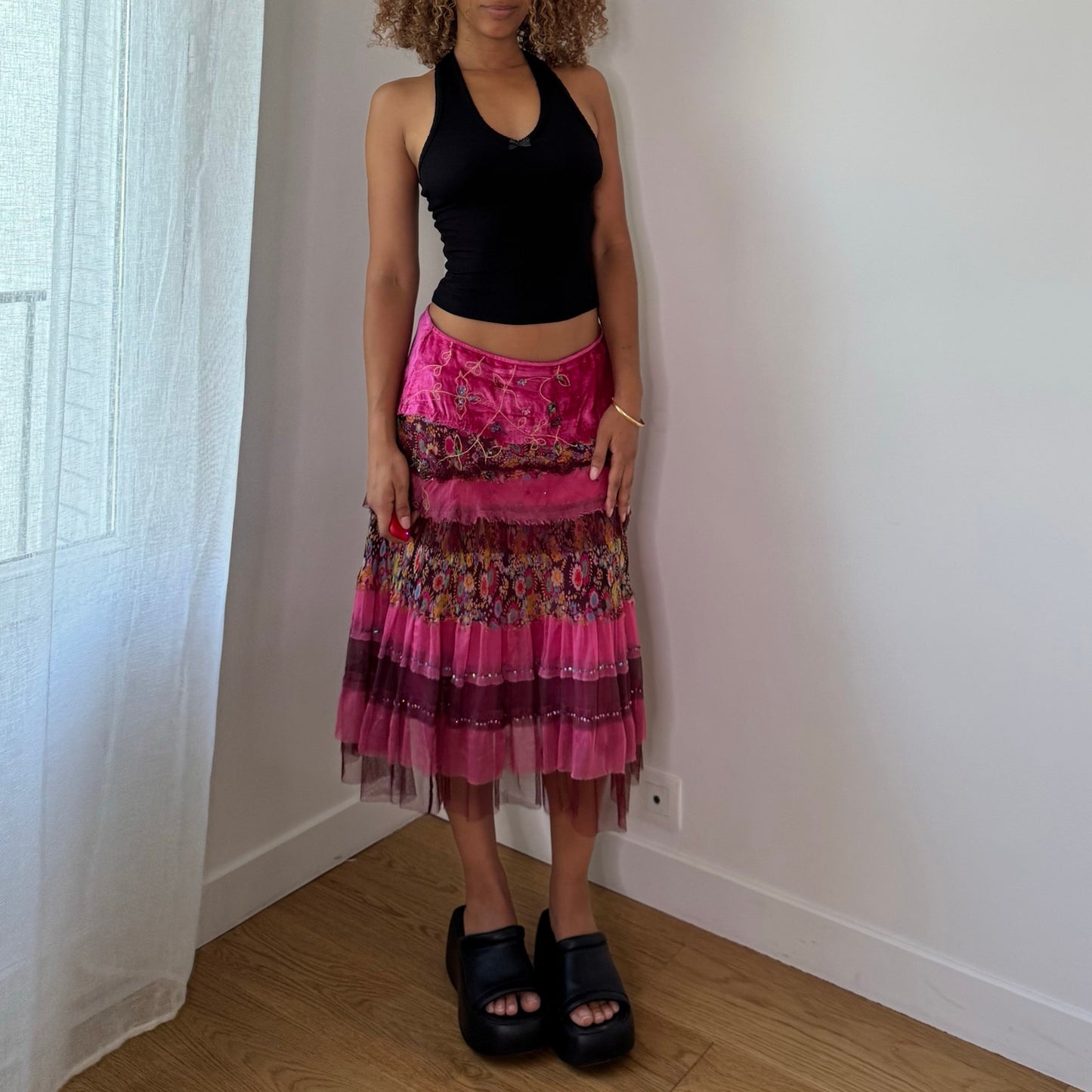 Vintage Extyn Pink Patchwork Mesh Midi Skirt Embroidered Ruffle Italian Y2K (S)