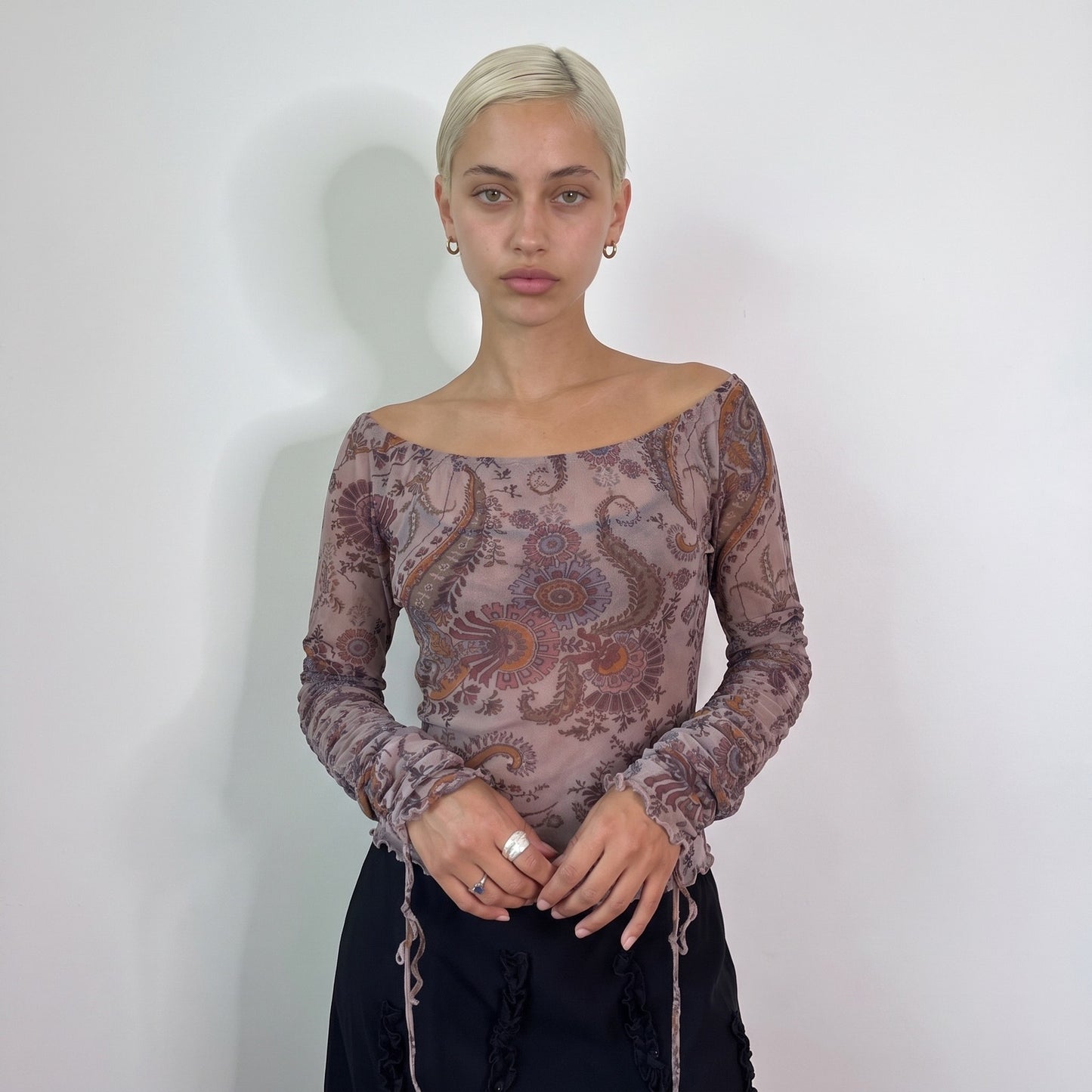 Vintage Taupe Pink Paisley Mesh Top Ruched Drawstring Marella Japan Collection Y2K (S/M)