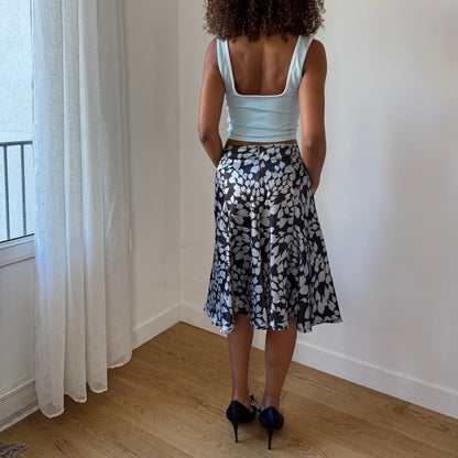 Vintage Satin Leaf-Print Flounce Midi Skirt (XS/S)