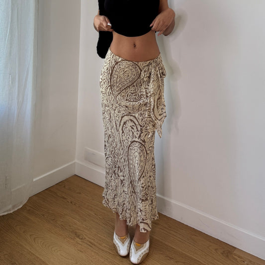Vintage Beige Paisley Mesh Midi Skirt Tie Detail Double Layered Italy Y2K (S) ⠀