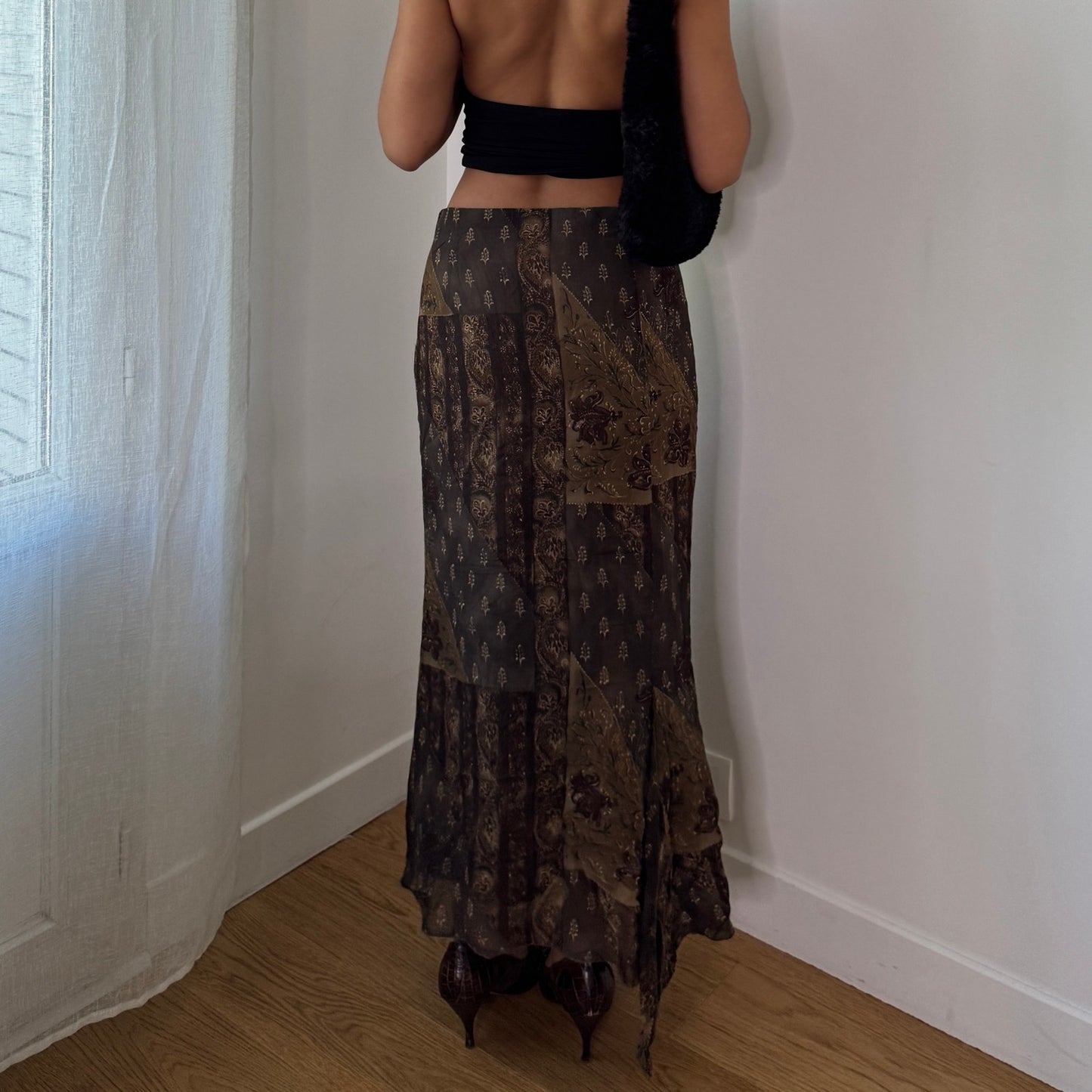 Vintage Brown Gold Mesh Maxi Skirt Baroque Sheer Layered Y2K Skirt (S) ⠀