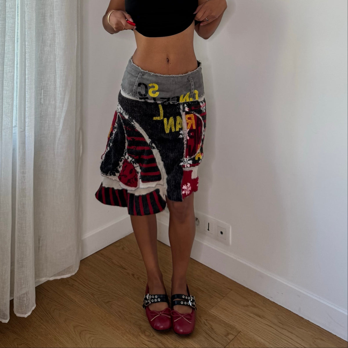 Vintage Italian Patchwork Knit Midi Skirt (S)
