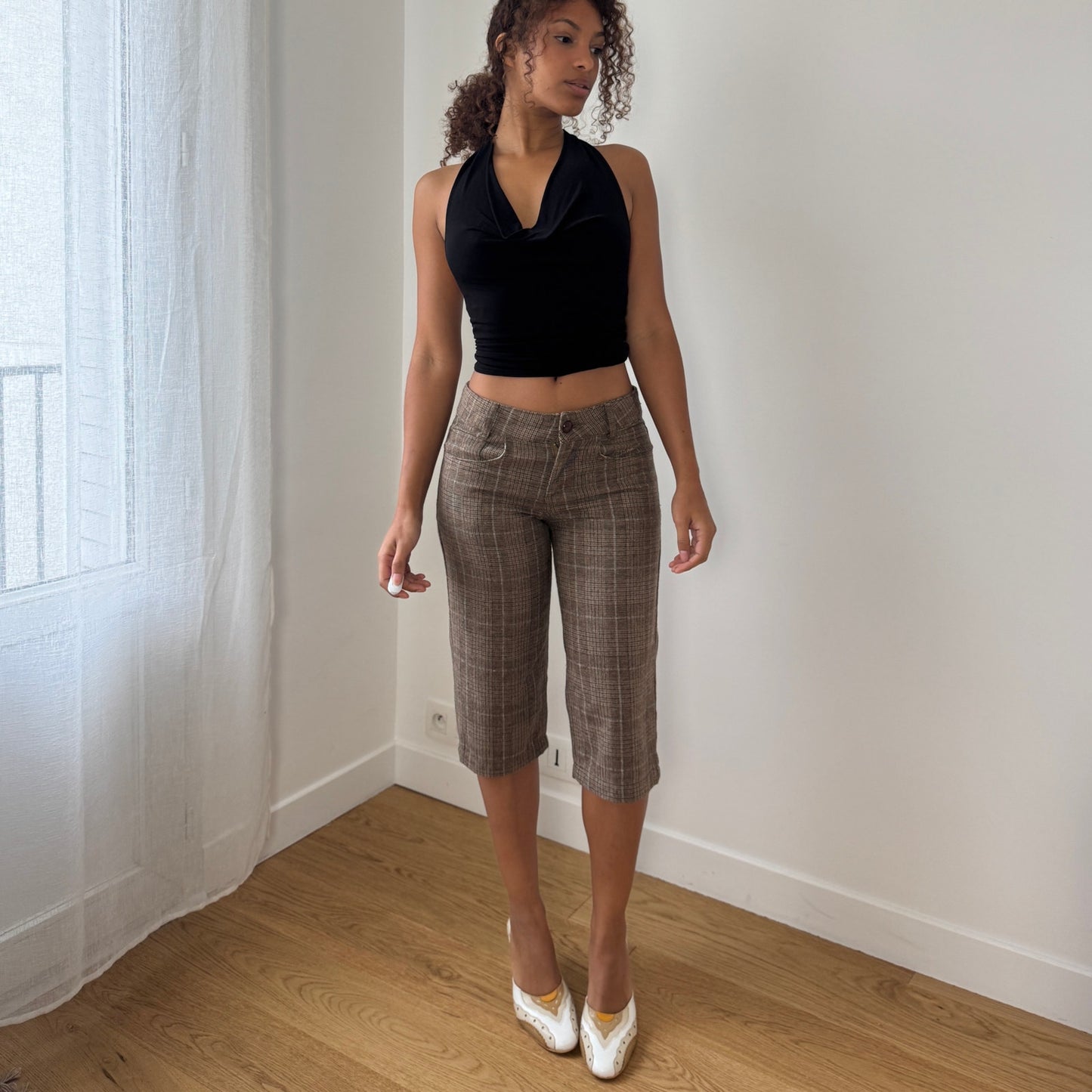 Vintage Euro brown plaid wool capri pants (XS/S)