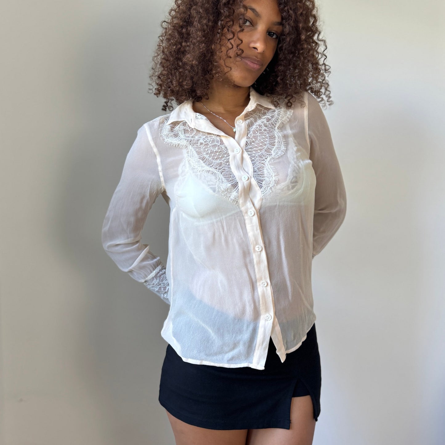 Vintage euro Ivory Sheer Lace-Panel Button Blouse with Lace Cuffs (S)