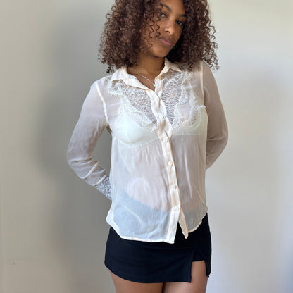 Vintage euro Ivory Sheer Lace-Panel Button Blouse with Lace Cuffs (S)
