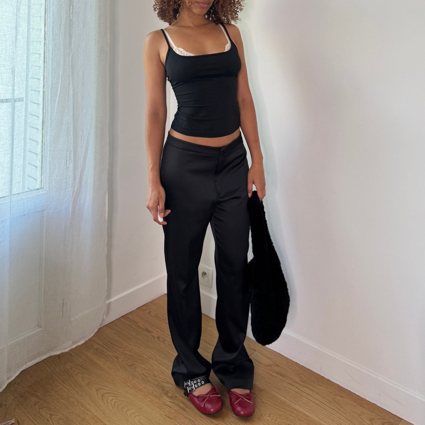 Vintage Black Satin Low Rise Straight Leg Pants Italian Y2K (S)