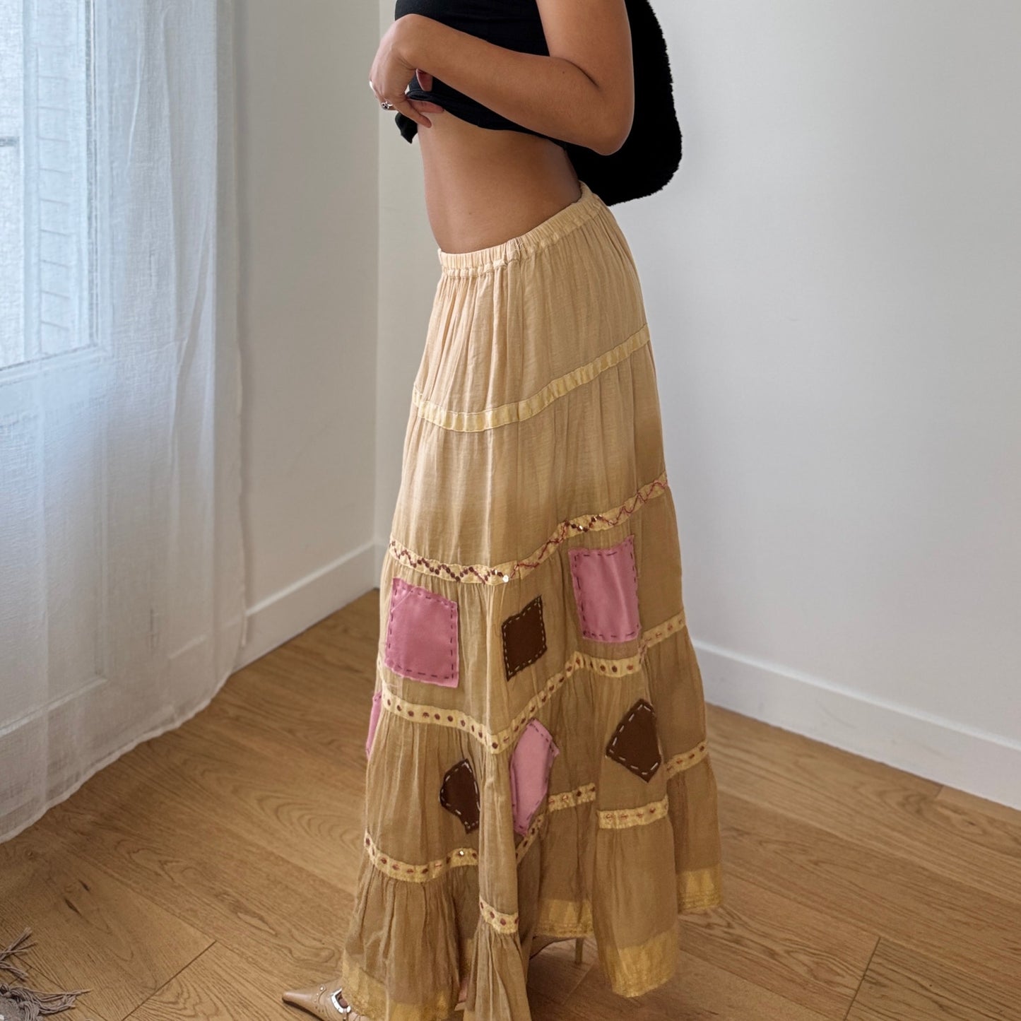 Vintage Euro Patchwork Tiered Maxi Skirt Beige Pink Boho (S)
