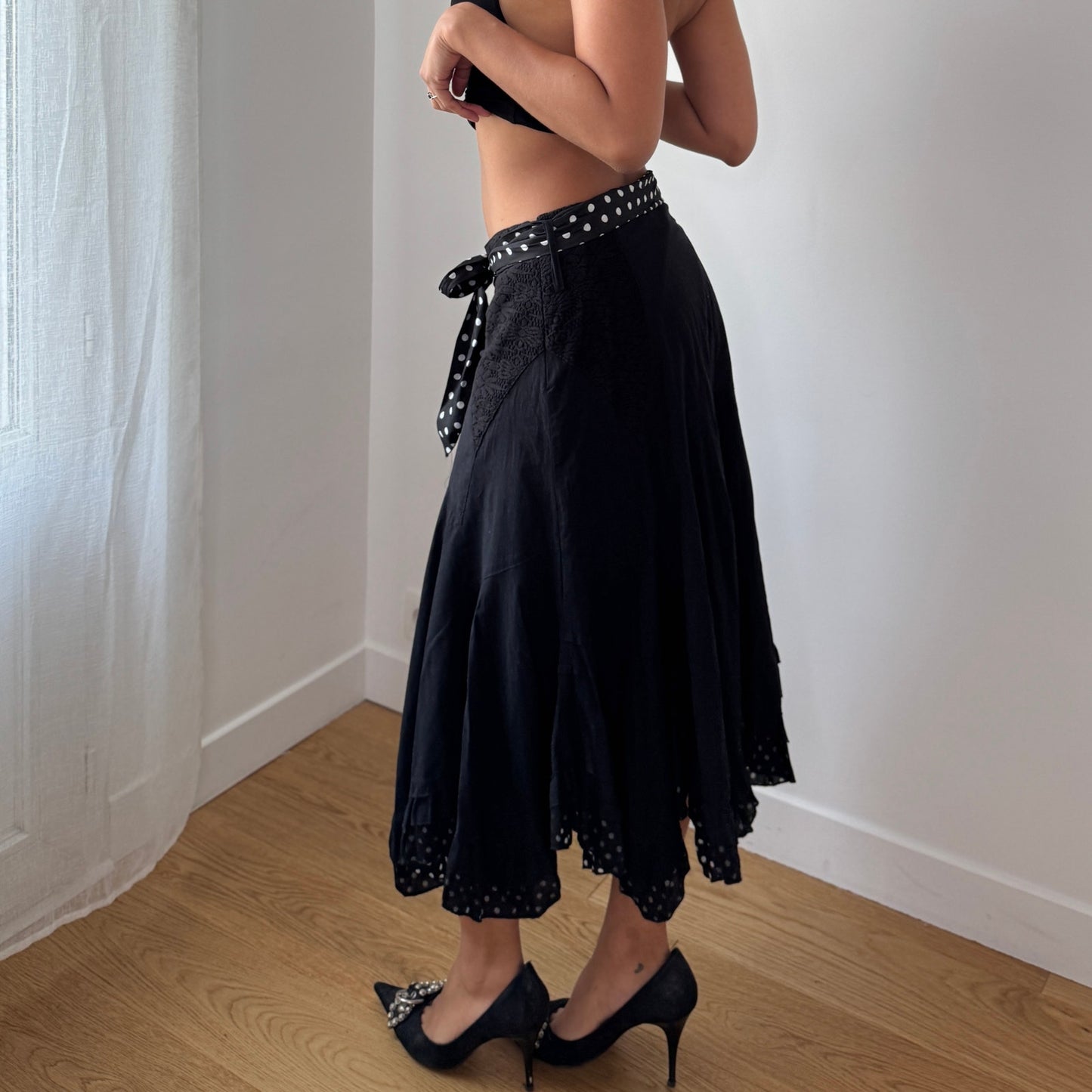 Vintage Black Cotton Eyelet Midi Skirt Polka Dot Bow Y2K French (S)