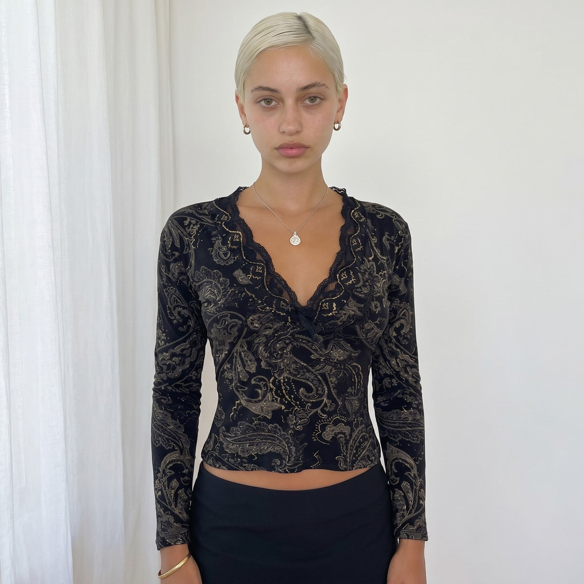 Vintage French Paisley Lace Long Sleeve Top (S)