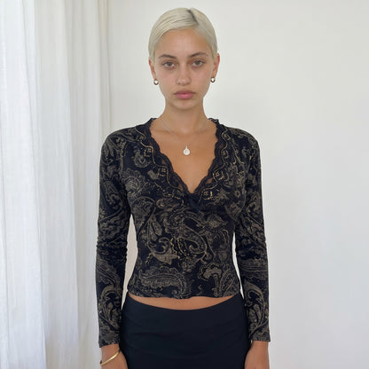 Vintage French Paisley Lace Long Sleeve Top (S)