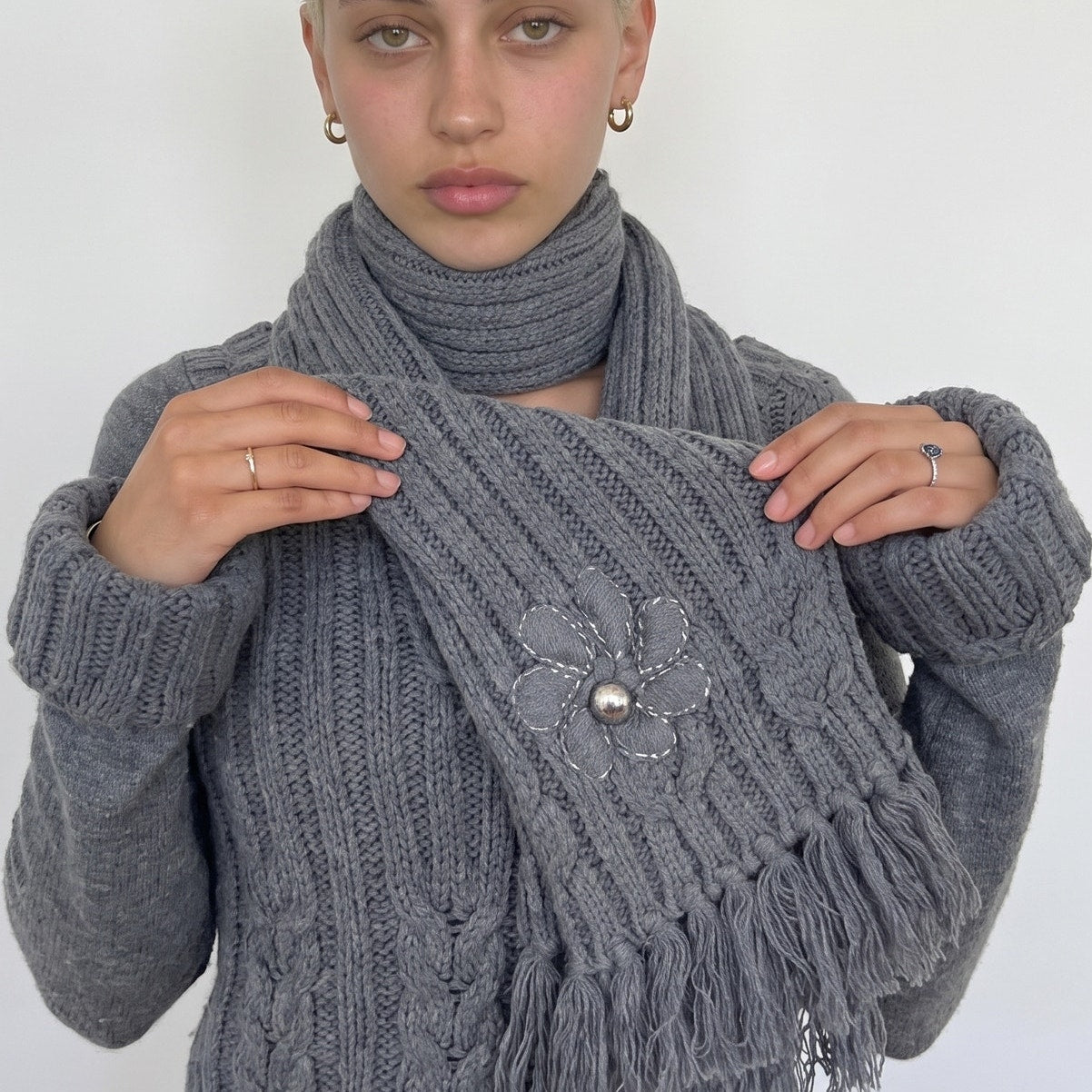 Vintage French grey cable knit cardigan with matching scarf and fringe hem (S)