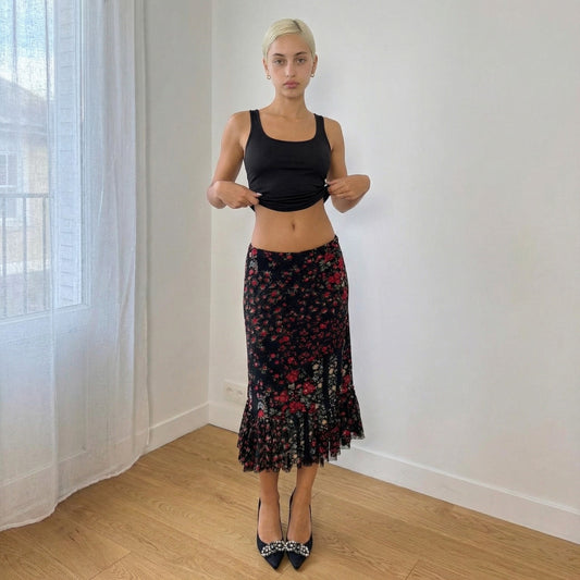 Vintage Italian Black Red Floral Mesh Midi Skirt with Tiered Ruffle Hem (S)