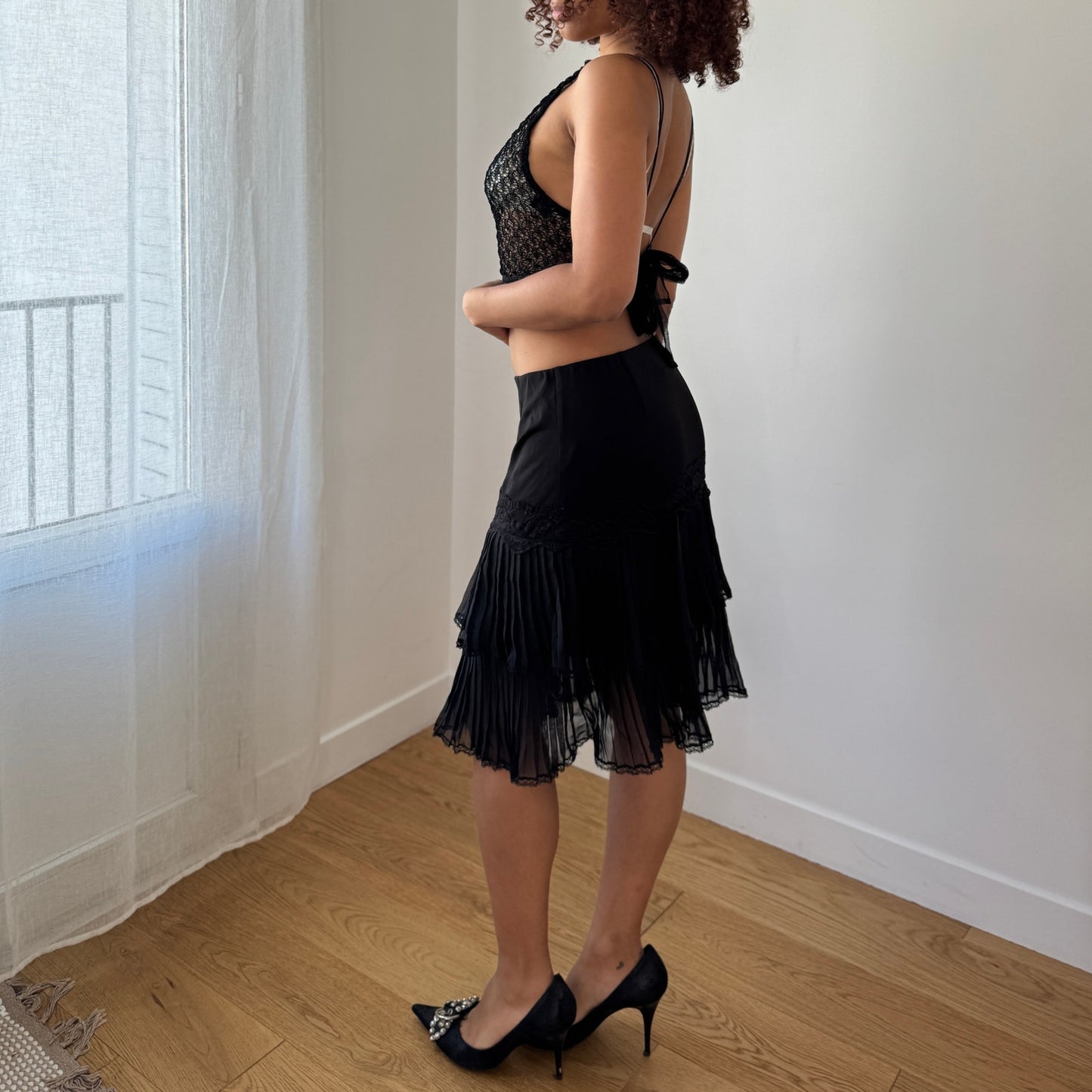 Vintage Love Sex Money Black Lace Mesh Top Tie Back Sheer Y2K (S)