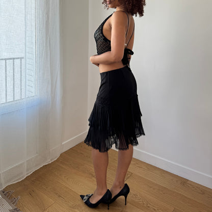 Vintage Love Sex Money Black Lace Mesh Top Tie Back Sheer Y2K (S)