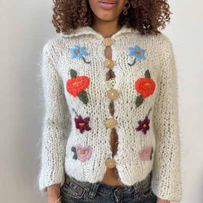 Vintage Cream Mohair Blend Floral Embroidered Chunky Knit Cardigan Made in Italy (S)