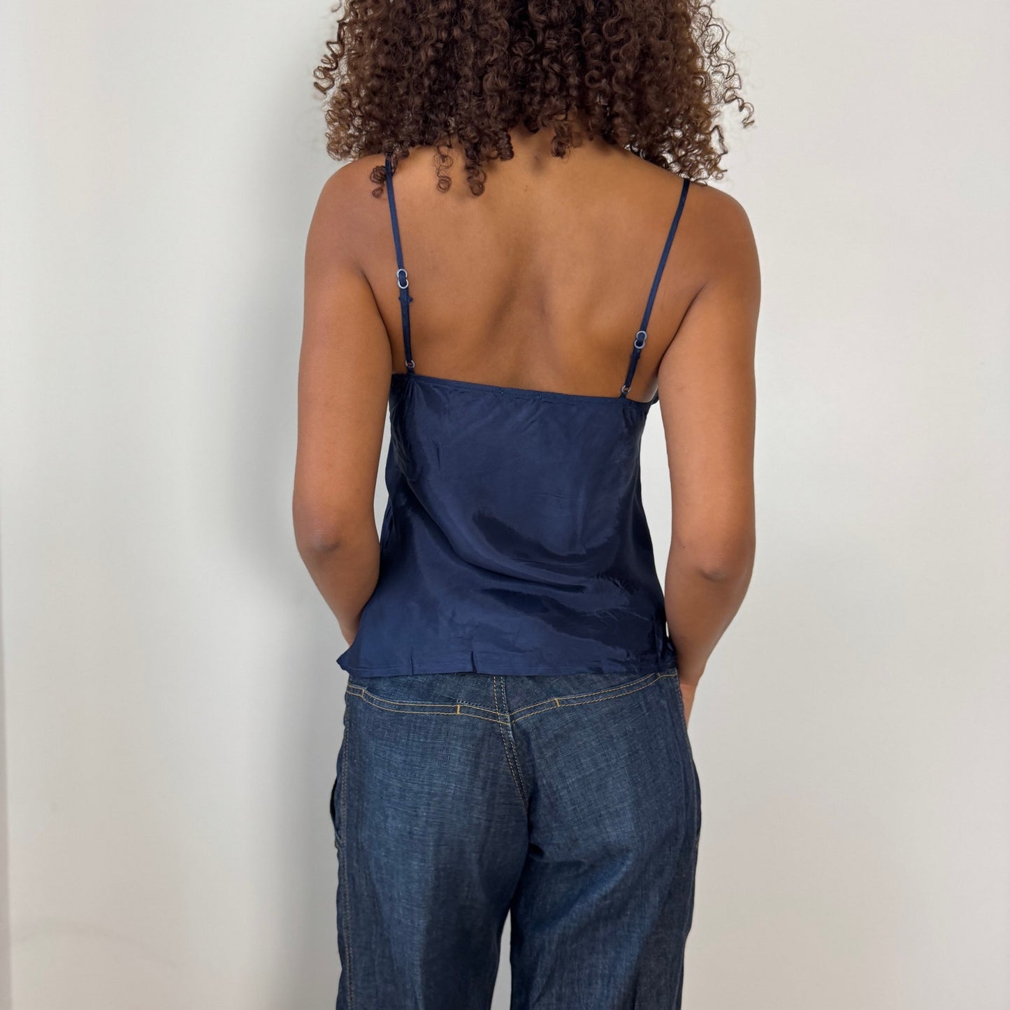 Vintage Benetton navy satin lace trim cami top (Small)