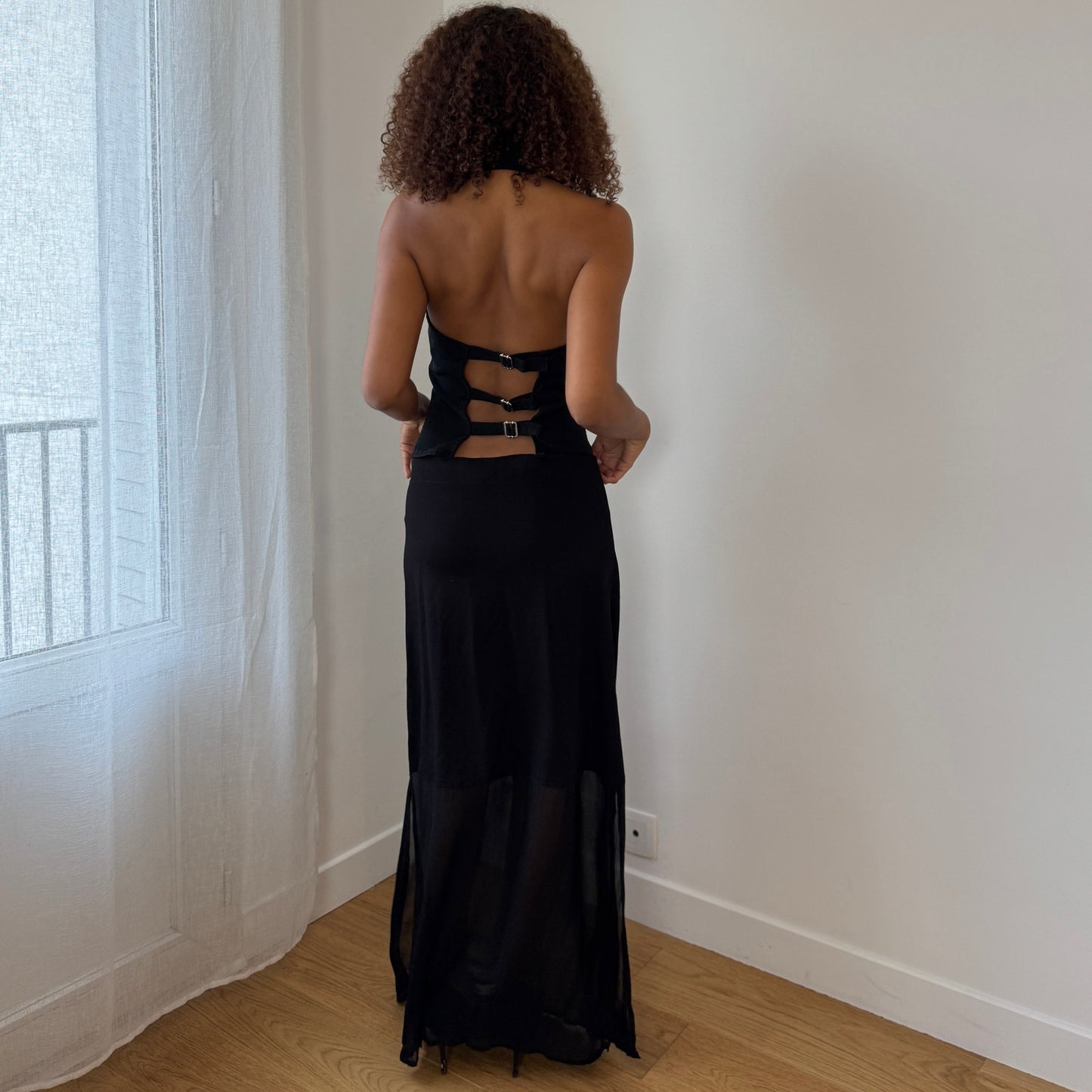 Vintage Euro black sheer panel maxi skirt (M)