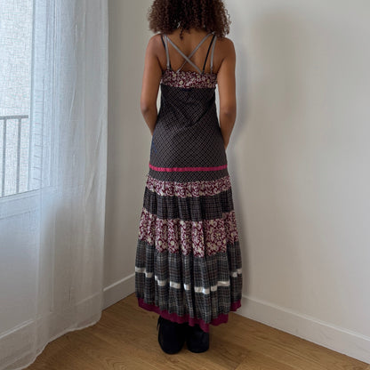 Vintage Cop Copine patchwork print cotton maxi dress with cross back (Small)