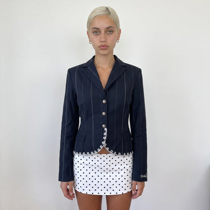 Vintage Black Pinstripe Wool Trim Jacket (S)