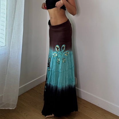 Vintage Extyn Brown Blue Ombre Maxi Skirt Sequin Floral Viscose Y2K (S/M)