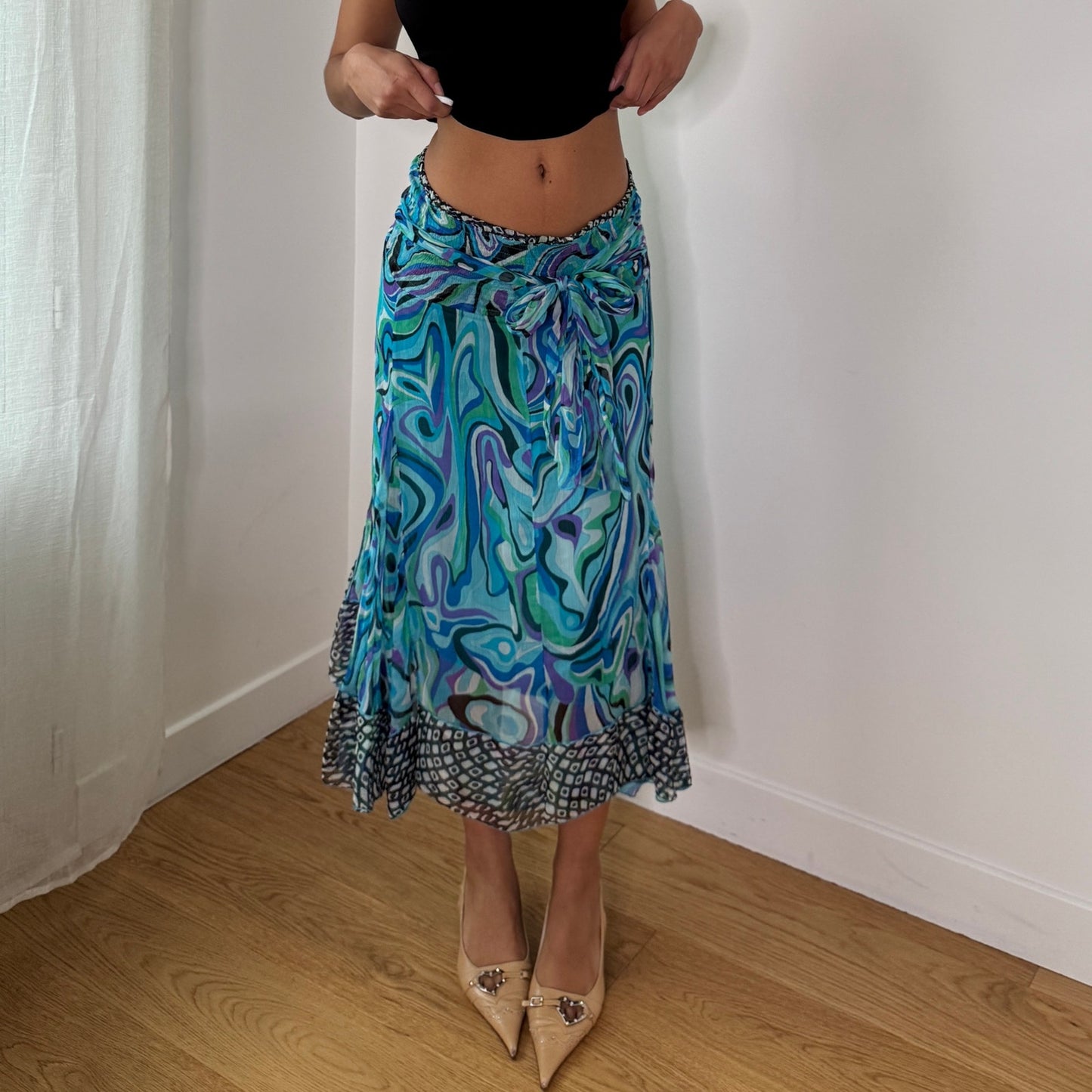 Vintage Blue Psychedelic Silk Mesh Midi Skirt Italian Y2K Tie Waist Skirt (S)