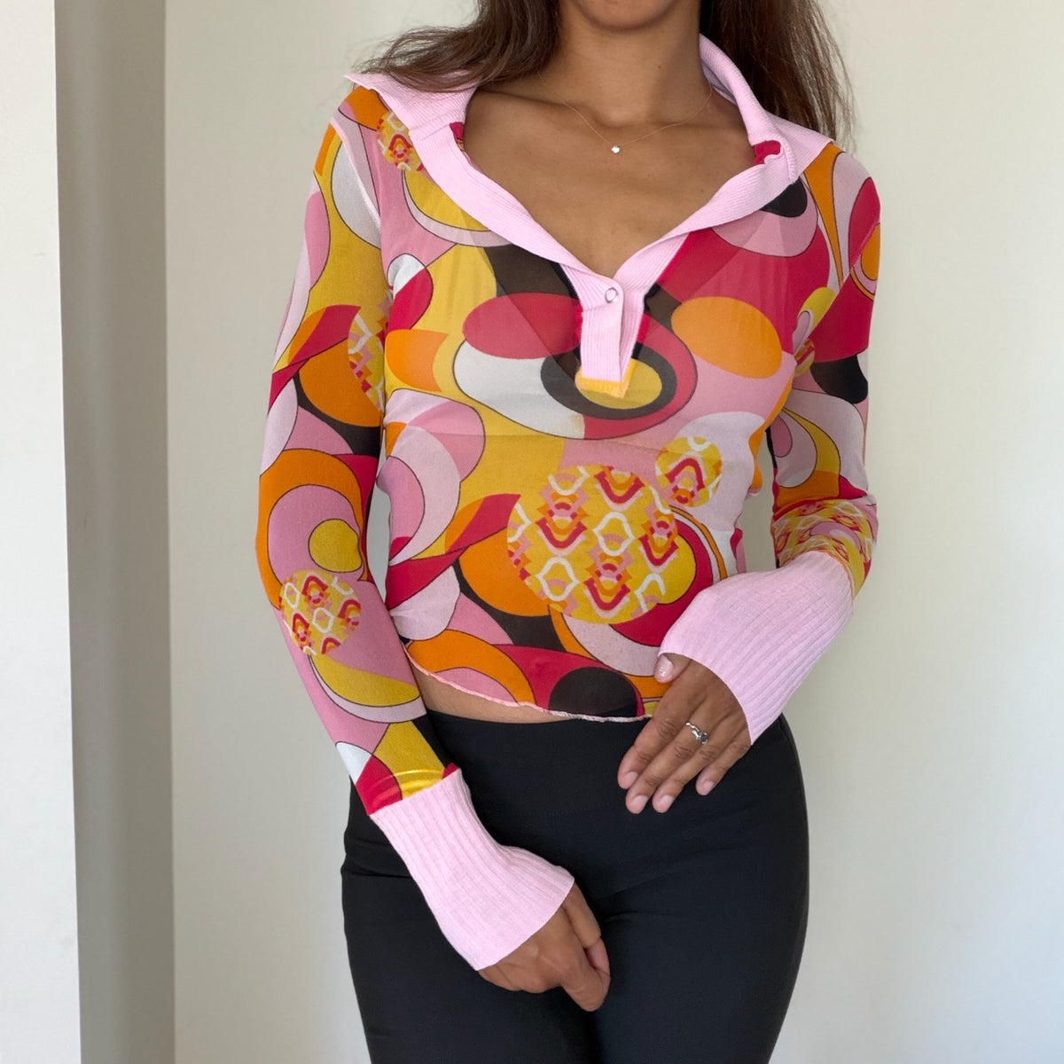 Italian Vintage Pink Orange Yellow Mod Psychedelic Print Mesh & Knit Polo Long Sleeve Top