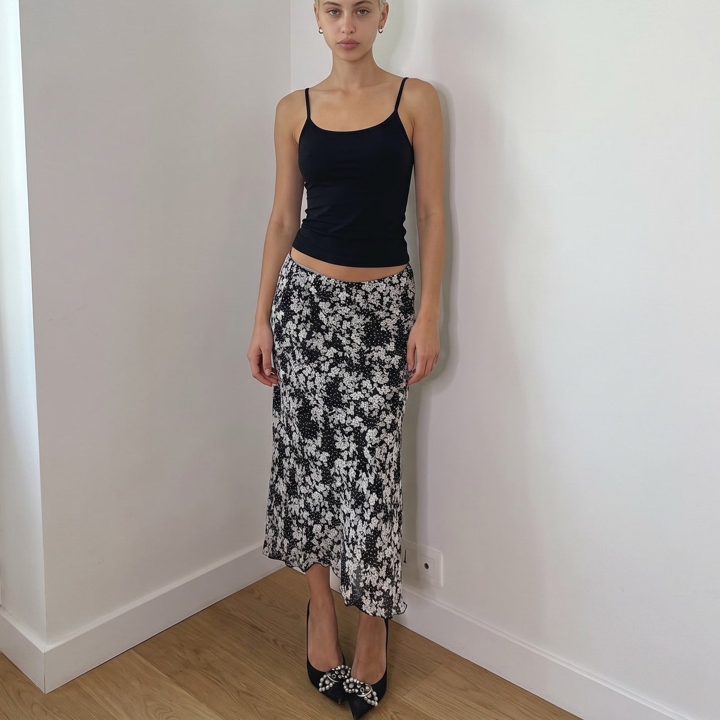 Vintage Black White Floral & Polka Dot Mesh Midi Skirt Italian Y2K (S)