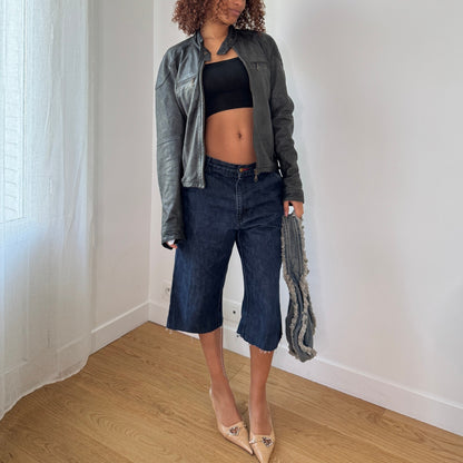 Vintage Grey Leather Moto Jacket (S/M)