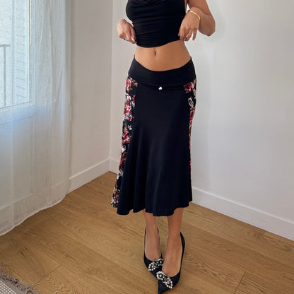 Vintage Italian Black Slinky Midi Skirt Floral Lace Side Panels Fitted (S)