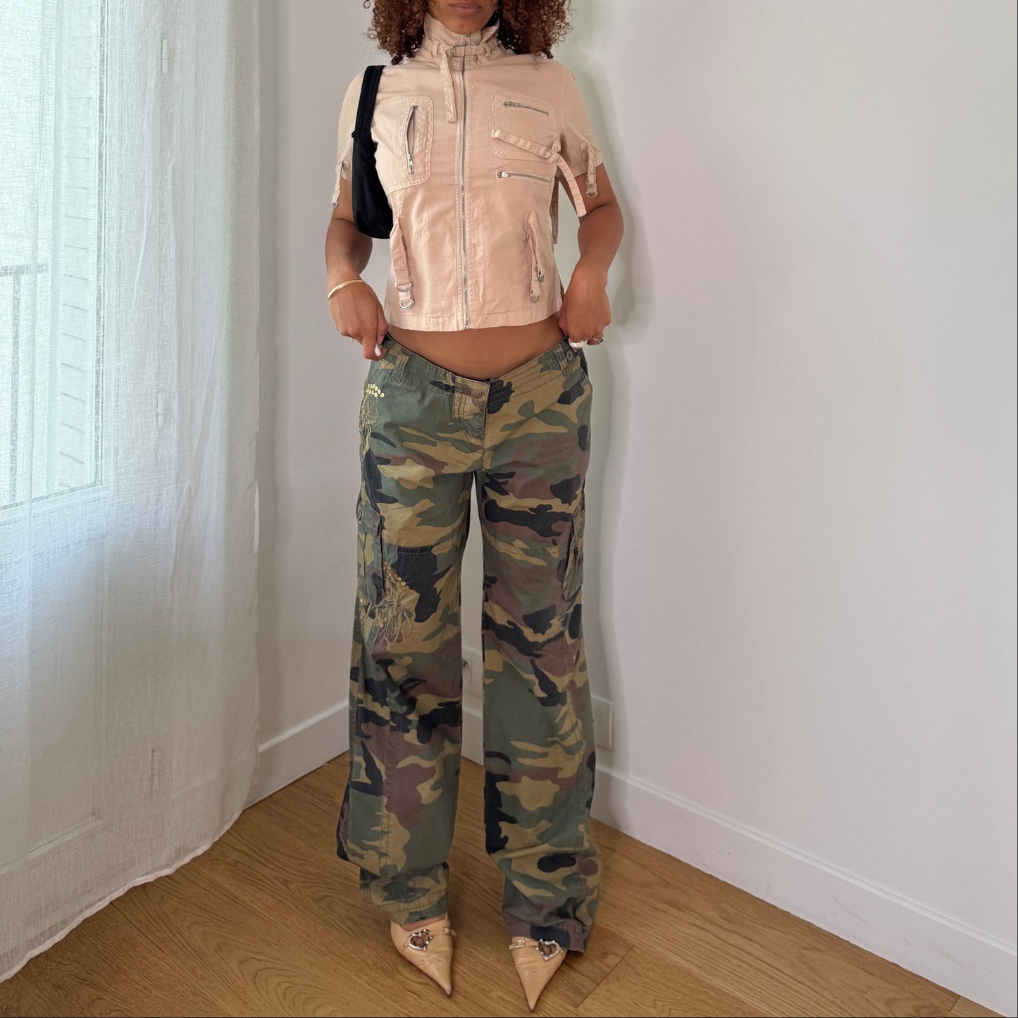 Vintage Utility Zip Jacket Y2K Cargo Moto Top Beige Pink (S/M) ⠀