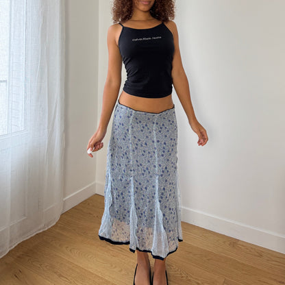 Vintage Italian blue floral chiffon midi skirt with silk ruffle inserts (S/M)